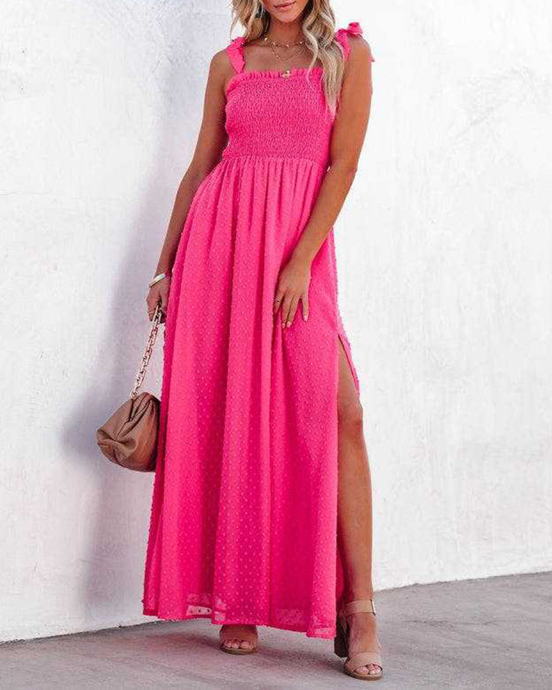 CM | Boho Espagueti Correa Cuello Cuadrado Lunares Bengala Playa Maxi Vestido