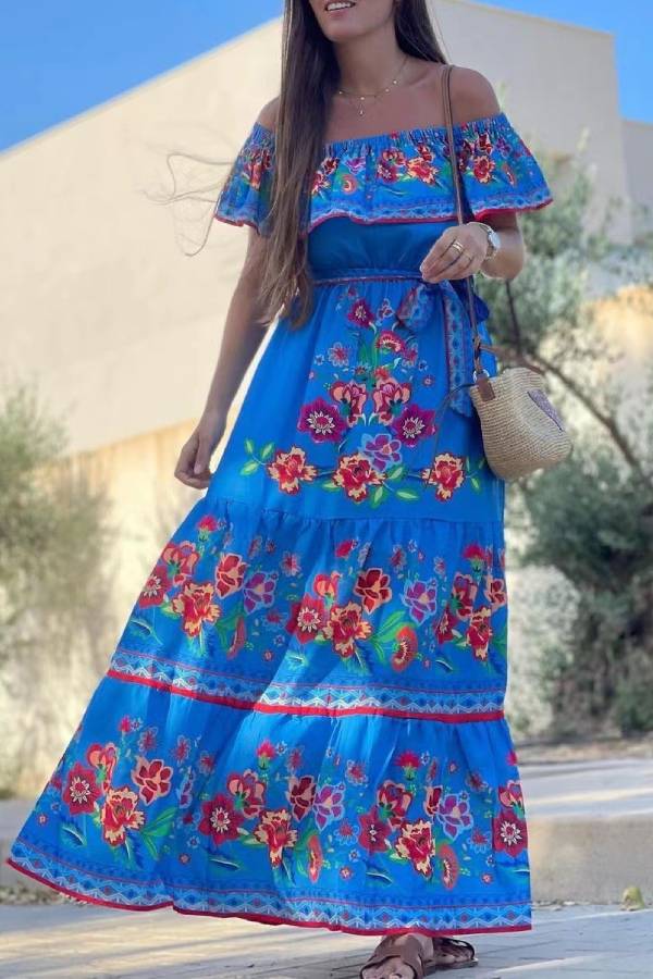 CM | Vestido largo estampado con hombros al aire