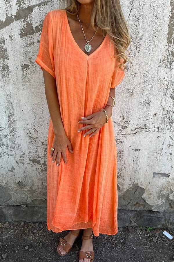 CM | Bayside Bliss vestido midi suelto plisado de manga corta en mezcla de lino