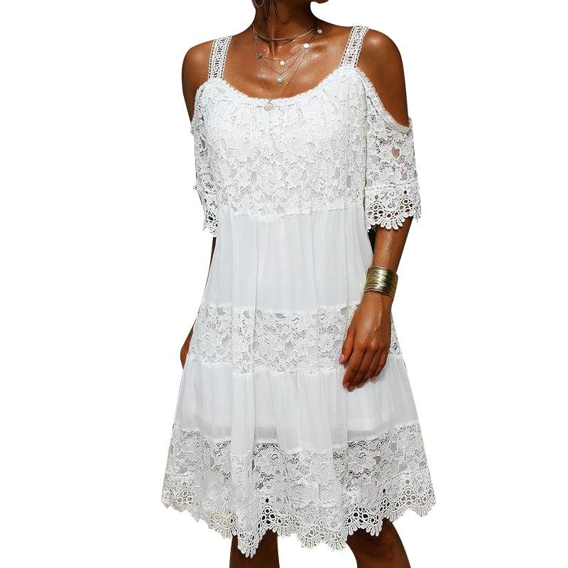 CM | Vestido monocolor de encaje elegante de manga corta y largo medio