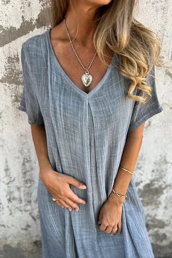 CM | Bayside Bliss vestido midi suelto plisado de manga corta en mezcla de lino