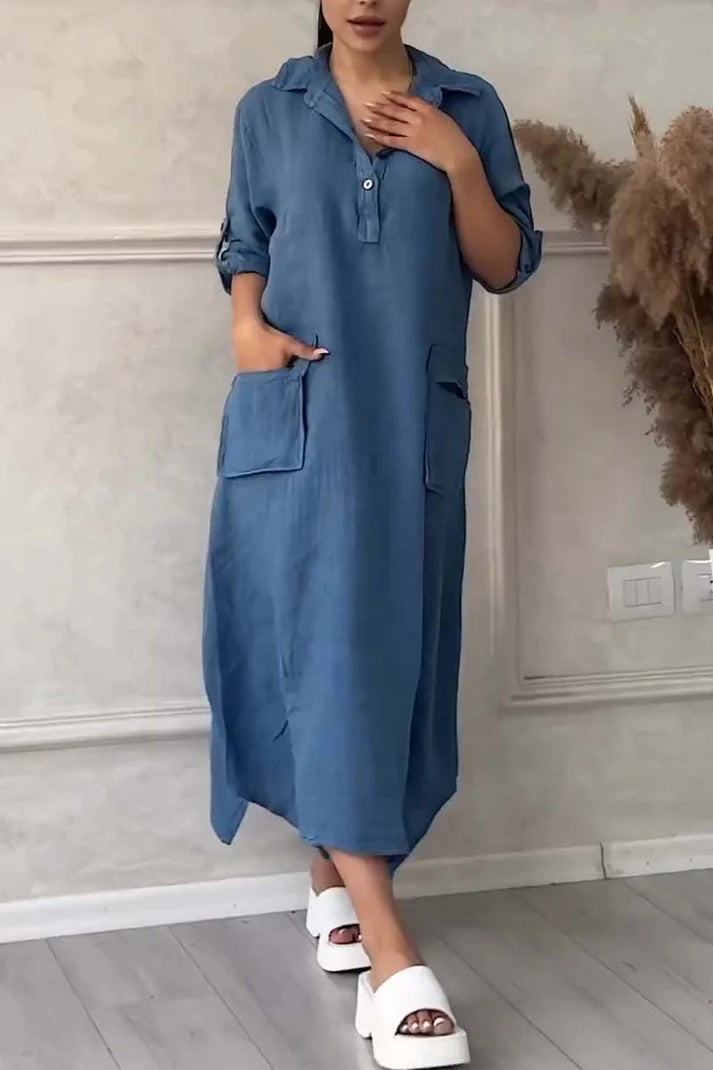 CM | Maxi vestido para mujer en lino y algodón con solapa