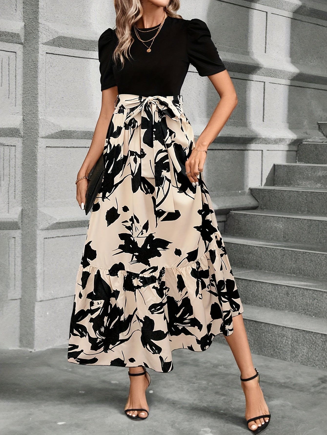 CM | Maxi Vestido de Mujer - Mangas cortas abullonadas - Lazo en la cintura - Corte en A - Estampado floral