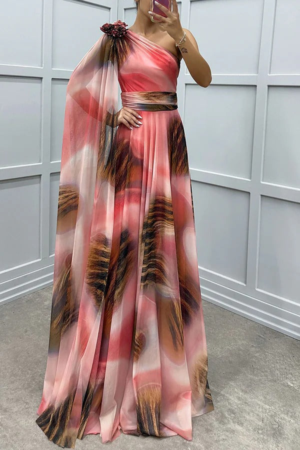 CM | Lucia Impresión única Detalle Floral Un Hombro Vestido Manga Drapeada Maxi Vestido