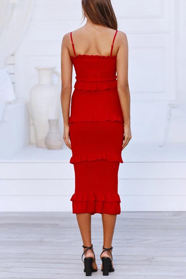 CM | Vestido midi con volantes y fruncidos