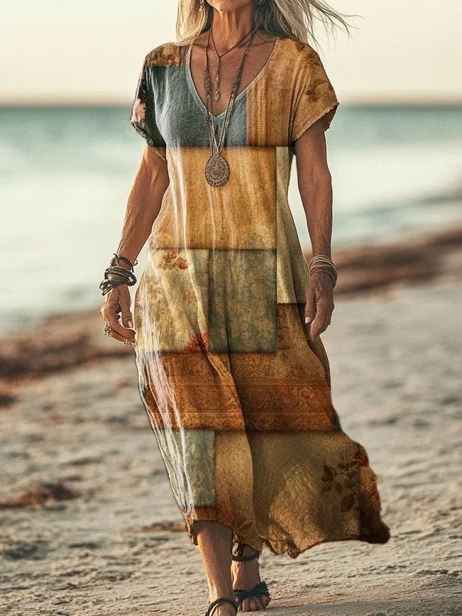 CM | Maxivestido de mujer - Cuello en pico - Mangas cortas - Corte relajado - Mezcla transpirable - Patchwork