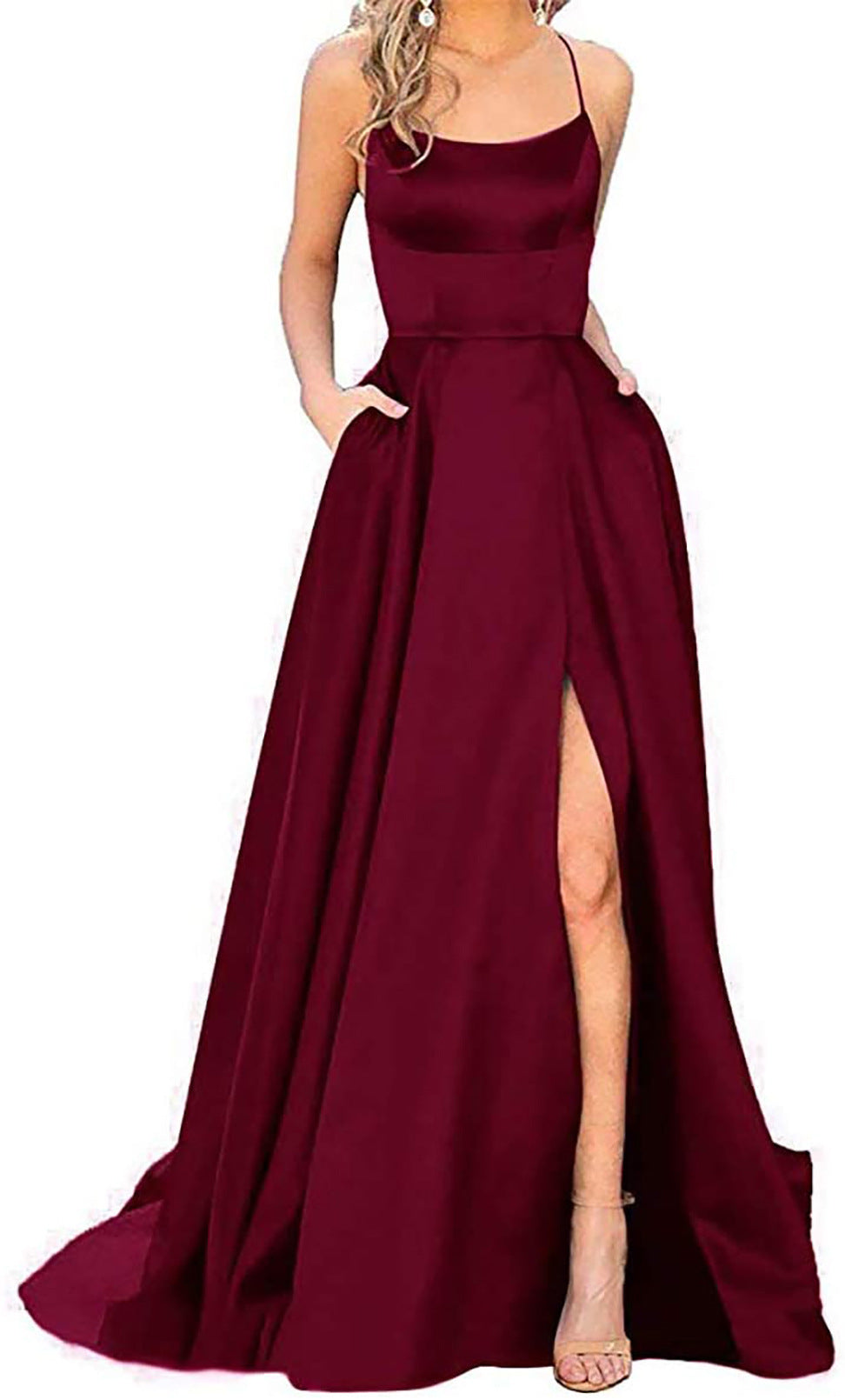CM | Maxivestido de mujer - Top entallado - Falda fluida - Tirantes finos - Abertura lateral