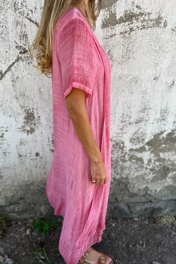CM | Bayside Bliss vestido midi suelto plisado de manga corta en mezcla de lino