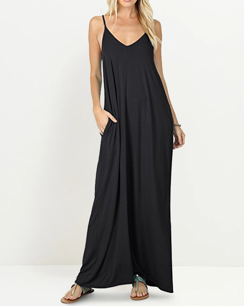 CM | Casual Fluye Bolsillos Suelta Playa Sin Mangas Cami Maxi Vestidos