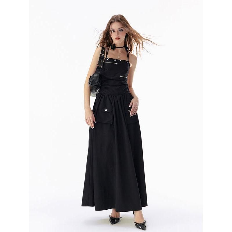 CM | Elegante Básico Negro Sólido Sin Espalda Vendaje Maxi Vestido con Bolsillos