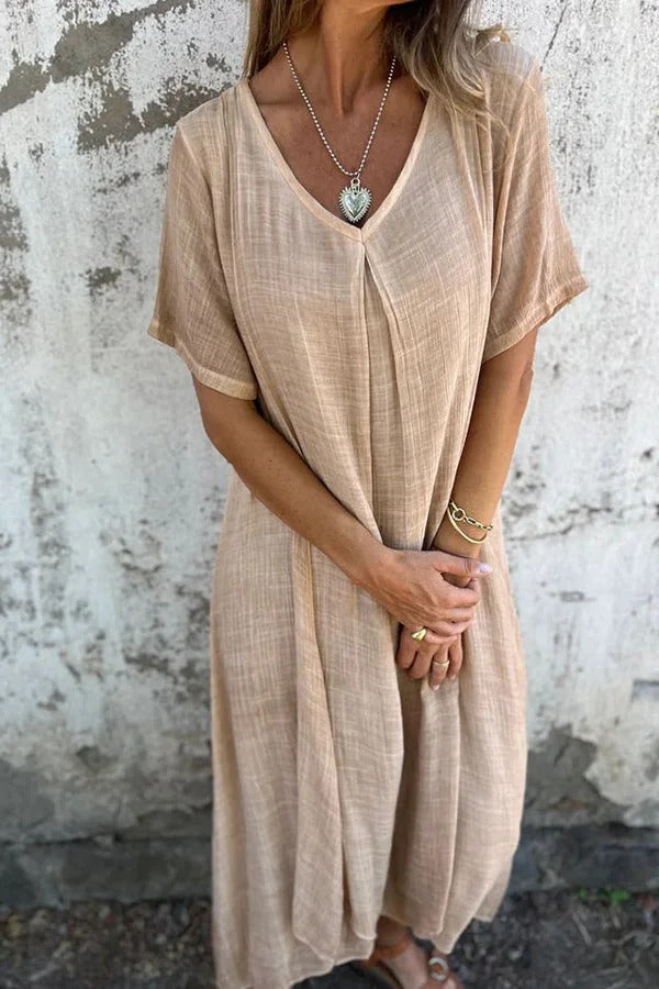 CM | Bayside Bliss vestido midi suelto plisado de manga corta en mezcla de lino