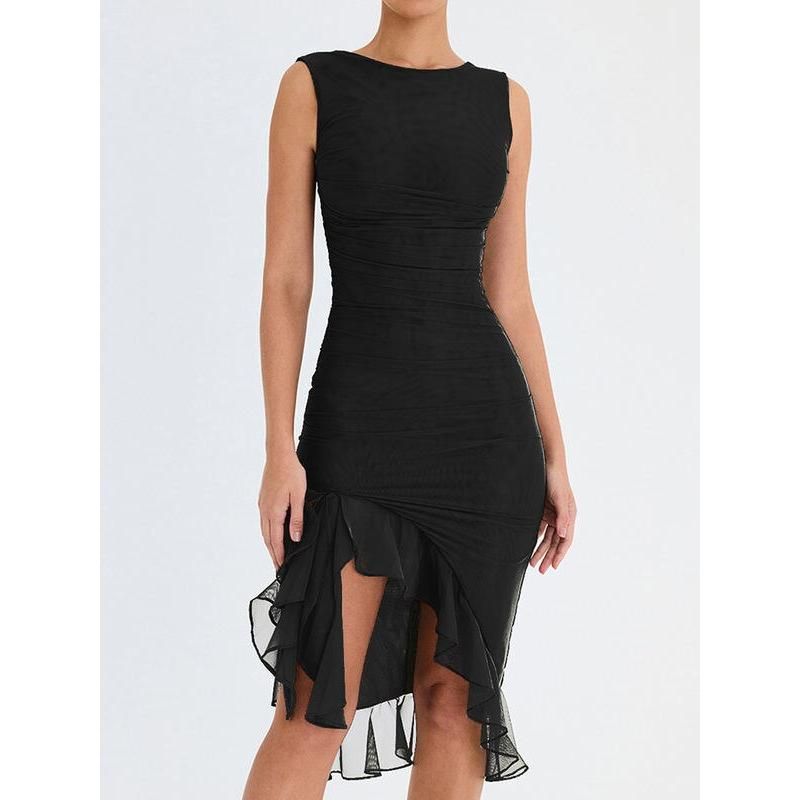 CM | Elegante vestido midi sin espalda con volantes