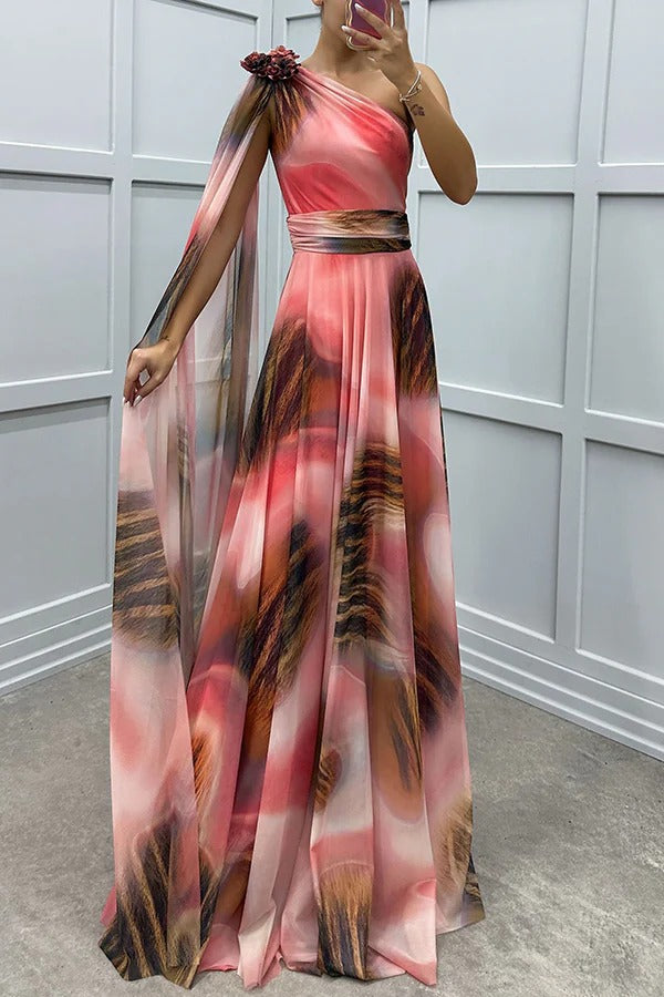 CM | Lucia Impresión única Detalle Floral Un Hombro Vestido Manga Drapeada Maxi Vestido