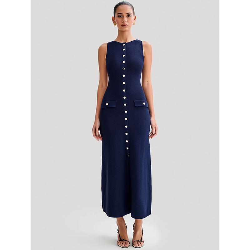 CM | Elegante maxi vestido abotonado sin mangas para mujer