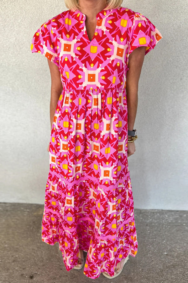 CM | Strawberry Pink Maxi vestido plisado con mangas volantes y estampado abstracto