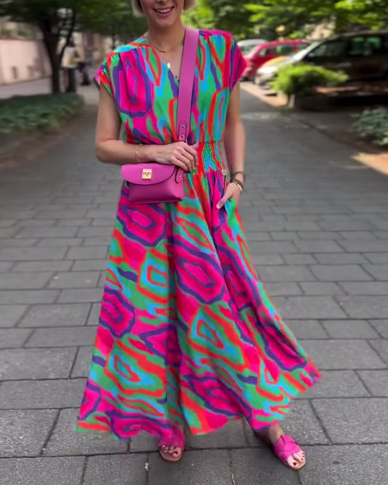 CM | Vestido largo con estampado de colores, escote en V y mangas raglán