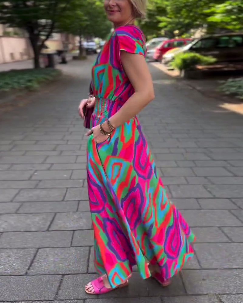 CM | Vestido largo con estampado de colores, escote en V y mangas raglán