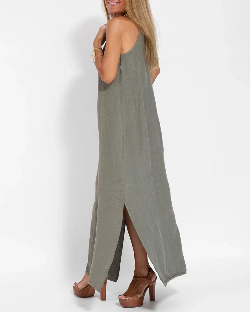 CM | Vestido casual espagueti sin mangas con abertura lateral maxi vestido