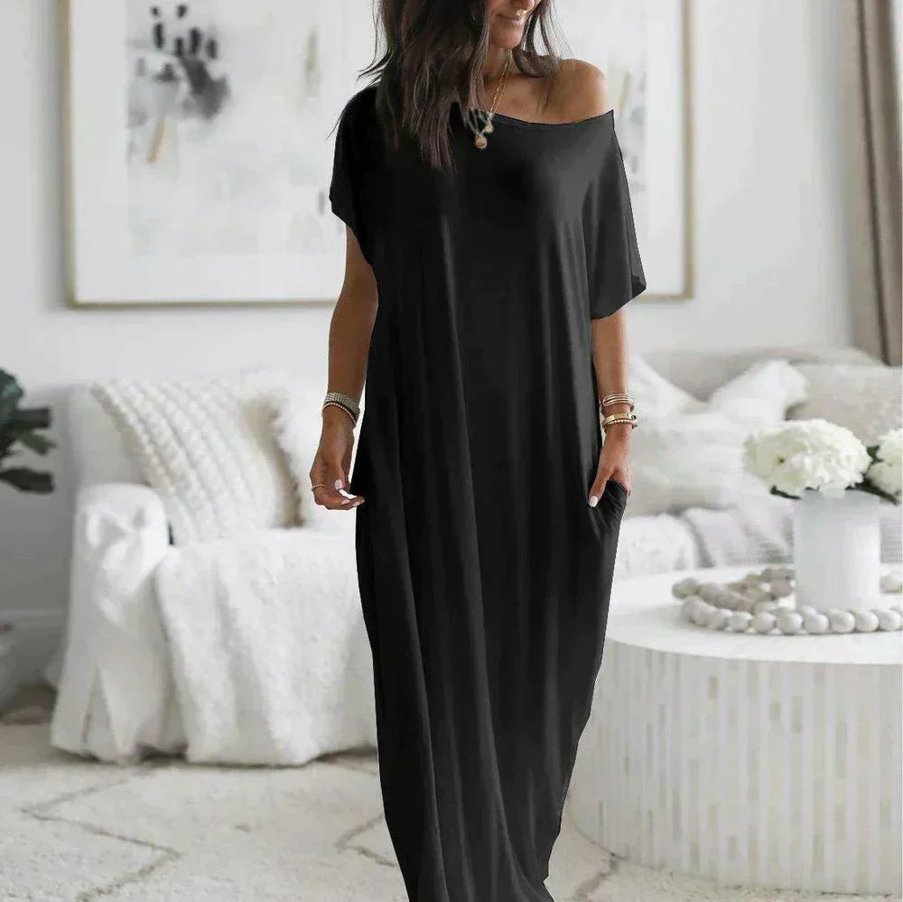 CM | Maxivestido de mujer - Material suave y ligero - Mangas cortas - Corte relajado - Escote redondo - Abertura lateral - Bolsillos