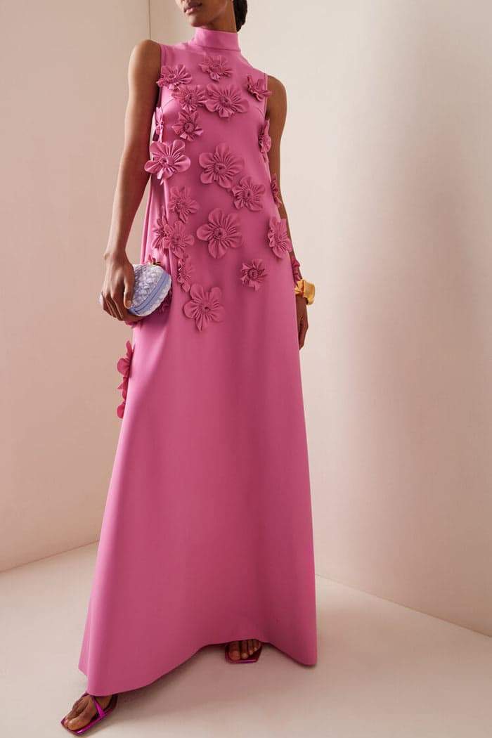 CM | Maxivestido de mujer - Tejido sedoso - Corte relajado - Aplique floral 3D - Escote alto