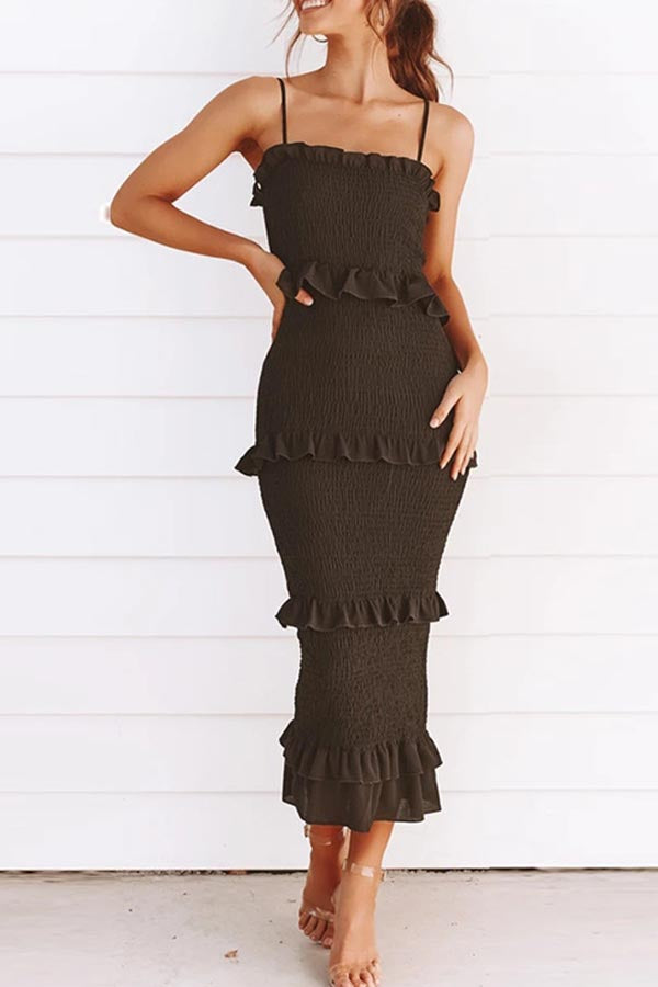 CM | Vestido midi con volantes y fruncidos