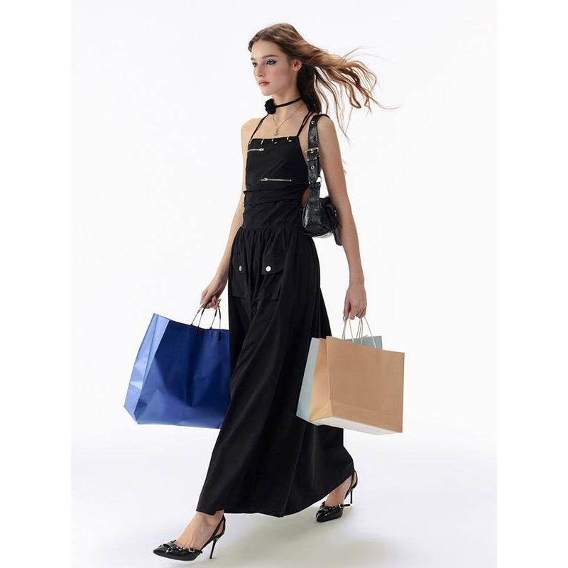 CM | Elegante Básico Negro Sólido Sin Espalda Vendaje Maxi Vestido con Bolsillos