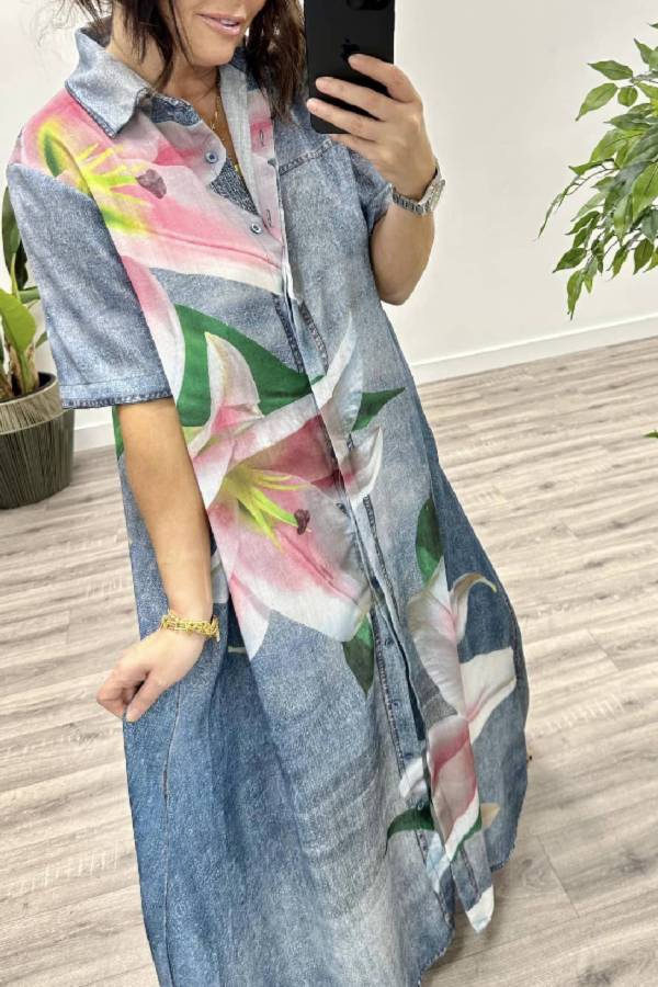 CM | Faux Denim Tela Orchid Print Bolsillo Camisa Maxi Vestido