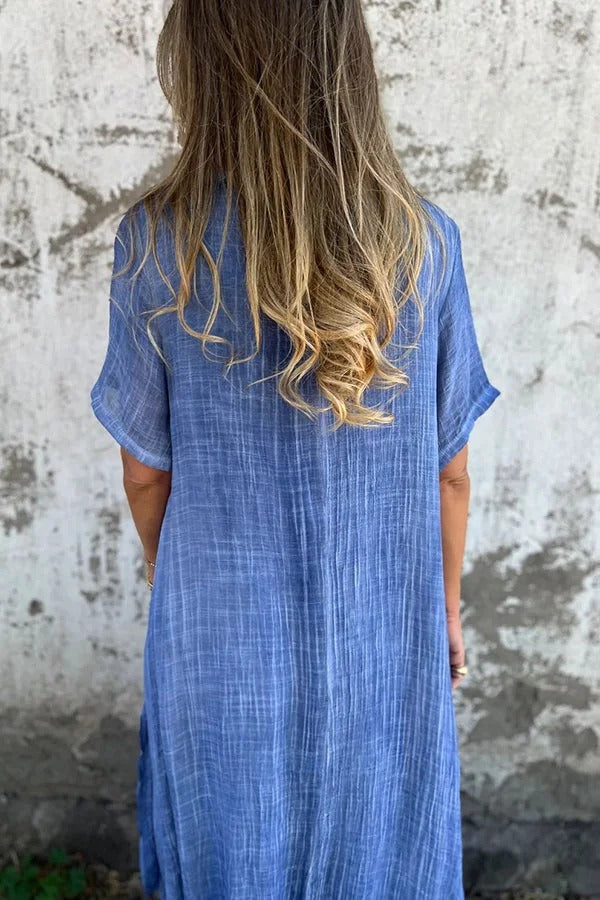 CM | Bayside Bliss vestido midi suelto plisado de manga corta en mezcla de lino