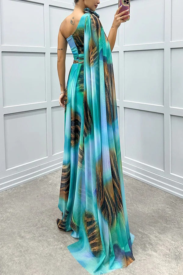 CM | Lucia Impresión única Detalle Floral Un Hombro Vestido Manga Drapeada Maxi Vestido