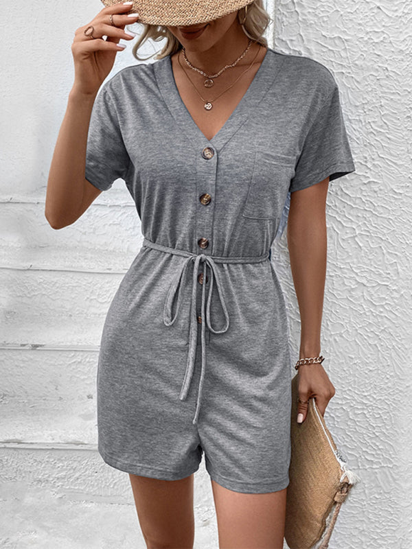 CM | Nuevo casual elegante color sólido V-cuello mono