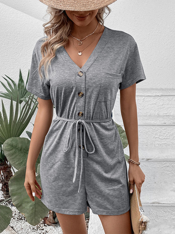 CM | Nuevo casual elegante color sólido V-cuello mono