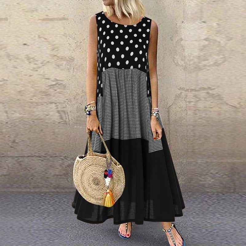 CM | maxi vestido de mujer - corte en A - sin mangas - algodón - mezcla de puntos y cuadros