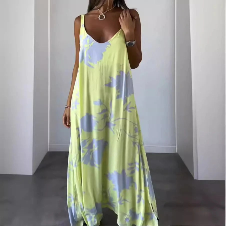 CM | Maxivestido de mujer - Estampado floral - Escote en pico - Corte relajado - Tejido ligero y vaporoso
