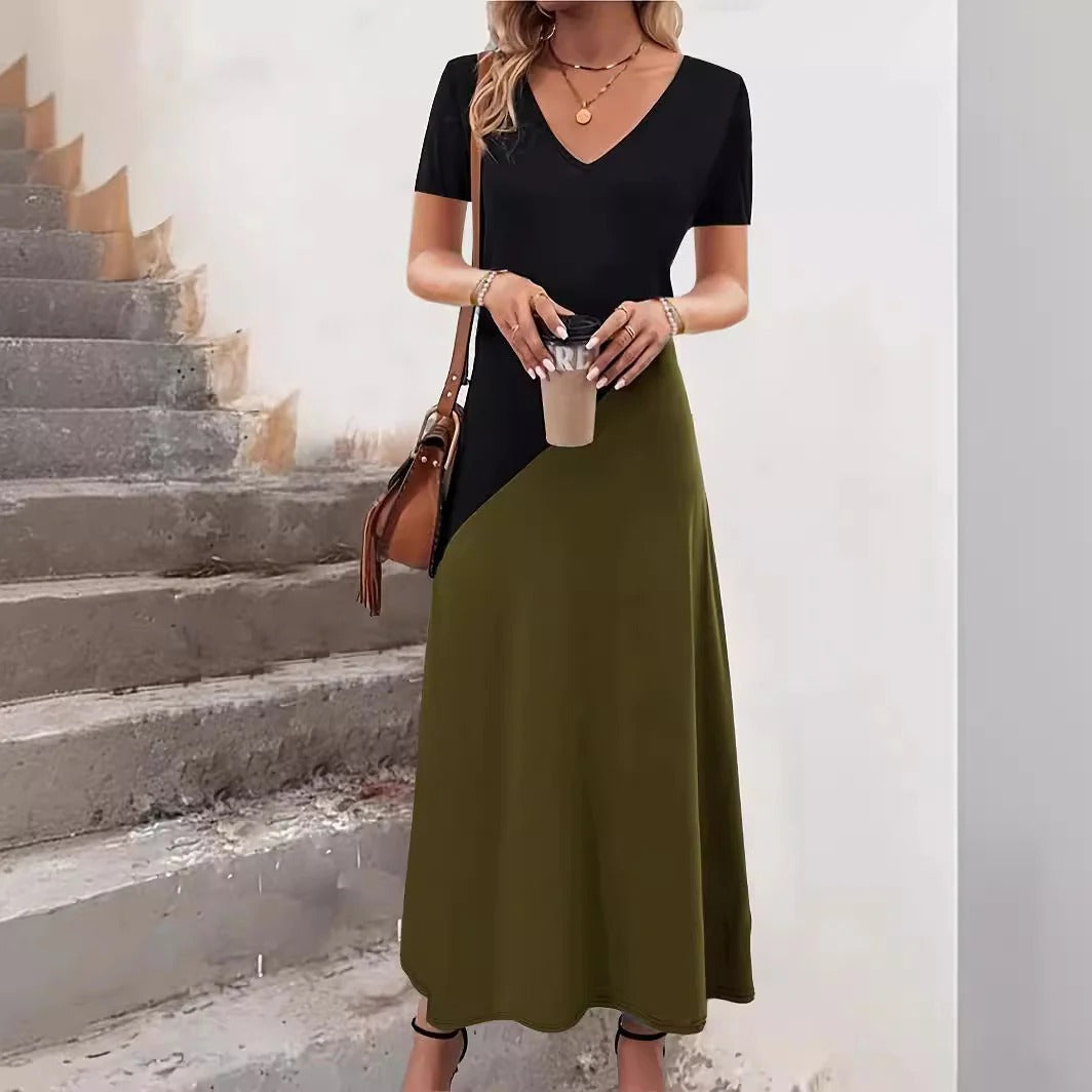CM | Maxivestido de mujer - Mezcla de algodón - Top entallado - Cuello de pico - Bloque de color - Mangas cortas