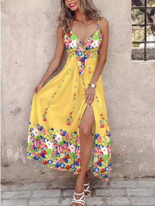 CM | maxi vestido de mujer - línea A - tirantes finos - escote en V - estampado floral - abertura delantera