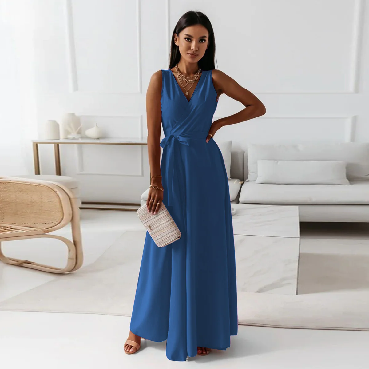 CM | Maxi vestido de mujer - Tejido de lujo - Cuello en V - Lazo de corbata - Sin mangas Corte elegante