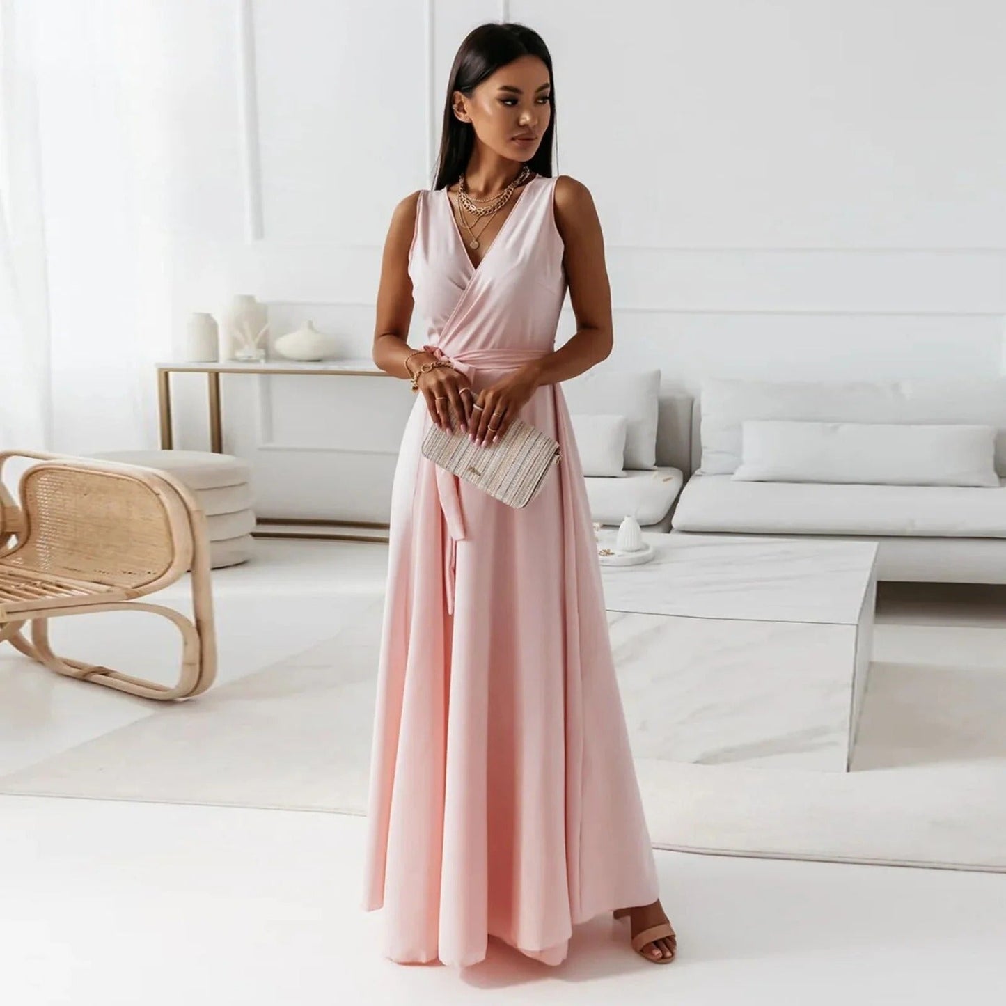 CM | Maxi vestido de mujer - Tejido de lujo - Cuello en V - Lazo de corbata - Sin mangas Corte elegante