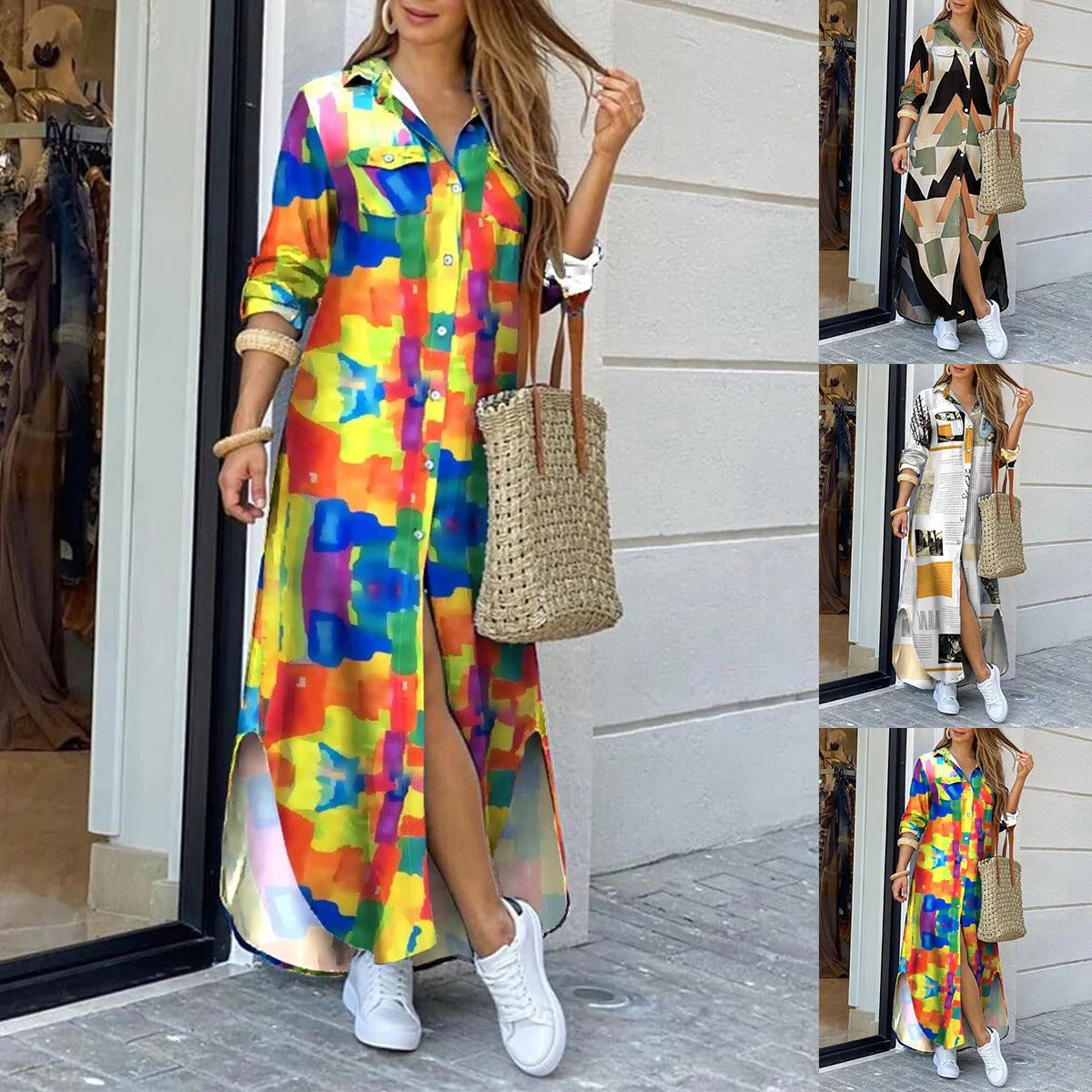CM | Maxivestido de mujer - Corte relajado - Tacto de algodón - Estampado geométrico - Tapeta de botones - Bolsillos en el pecho