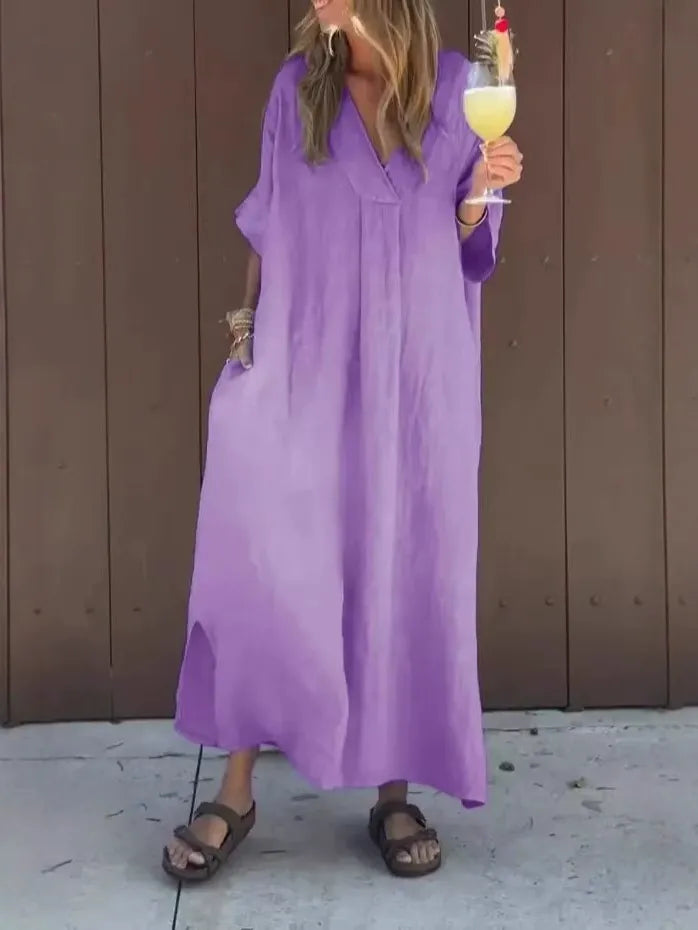 CM | Maxivestido de mujer - Tacto de algodón - Corte holgado - Cuello en pico - Mangas cortas - Estilo minimalista