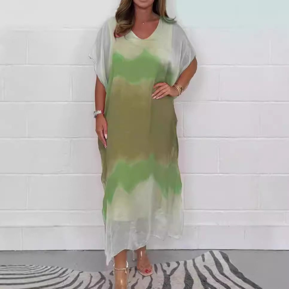 CM | Maxivestido de mujer - Gasa - Cuello en pico - Degradado de color ombre - Manga corta - Corte relajado