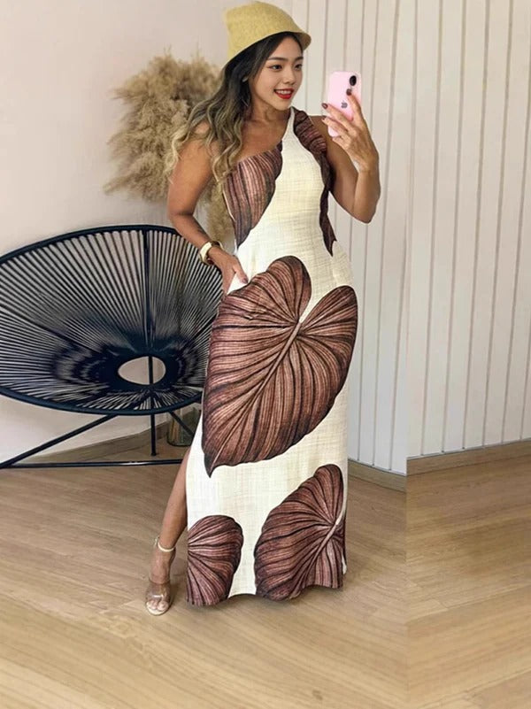 CM | maxi vestido de mujer - corte entallado - mezcla de algodón - sin mangas - estampado de hojas - abertura lateral