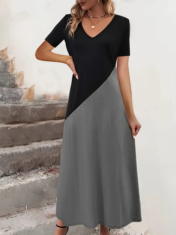 CM | Maxivestido de mujer - Mezcla de algodón - Top entallado - Cuello de pico - Bloque de color - Mangas cortas