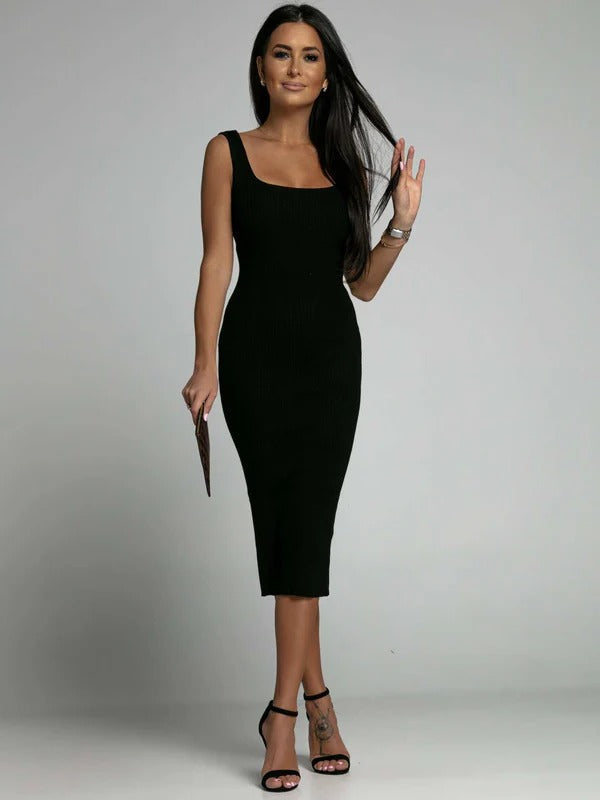 CM | maxi vestido de mujer - punto canalé - corte bodycon - escote redondo sin mangas