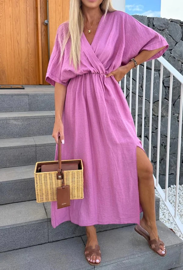 CM | Maxivestido de mujer - Corte relajado - Cuello de pico - Mangas cortas - Aberturas laterales