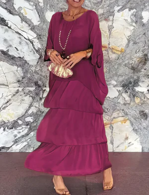 CM | Maxivestido de mujer - Flujo escalonado - Mangas al codo Elegancia