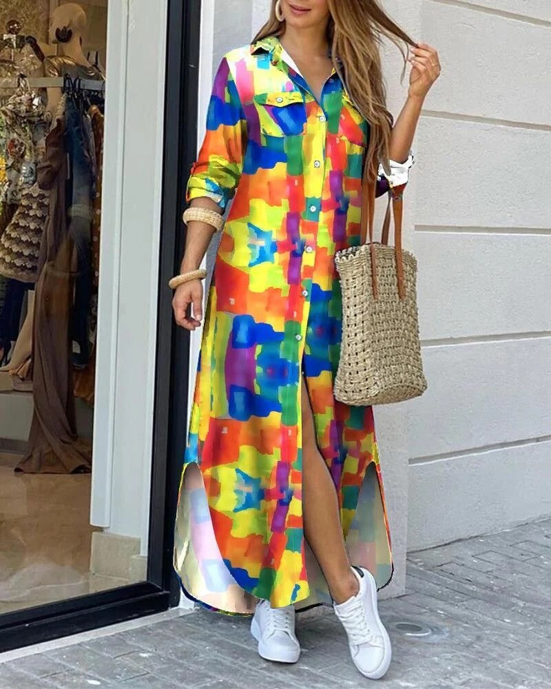 CM | Maxivestido de mujer - Corte relajado - Tacto de algodón - Estampado geométrico - Tapeta de botones - Bolsillos en el pecho