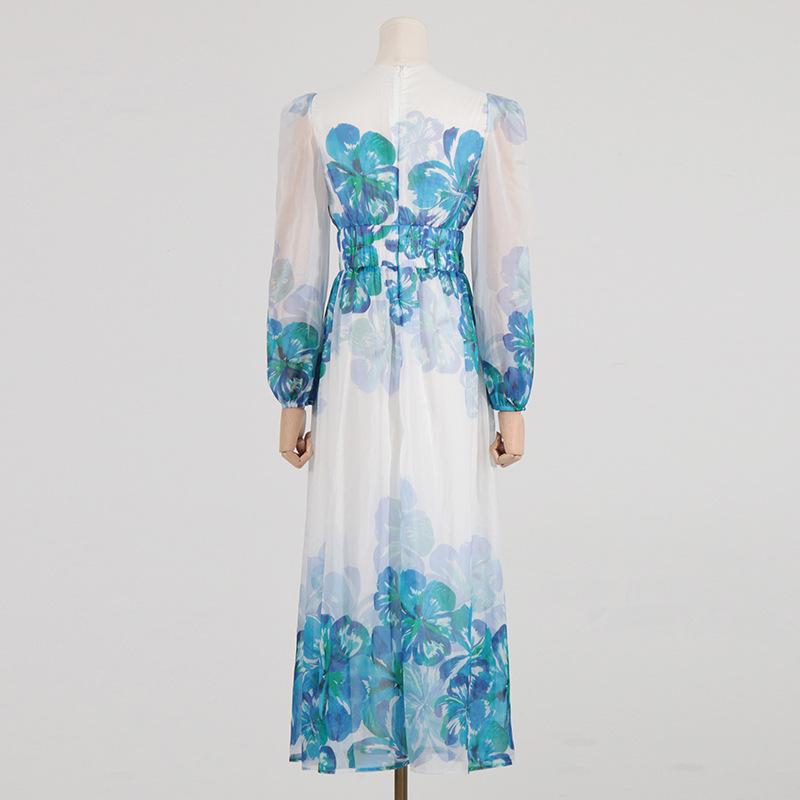 CM | Vestido midi de mujer - Cuello en pico - Cintura fruncida - Mangas largas - Corte ligero y elegante