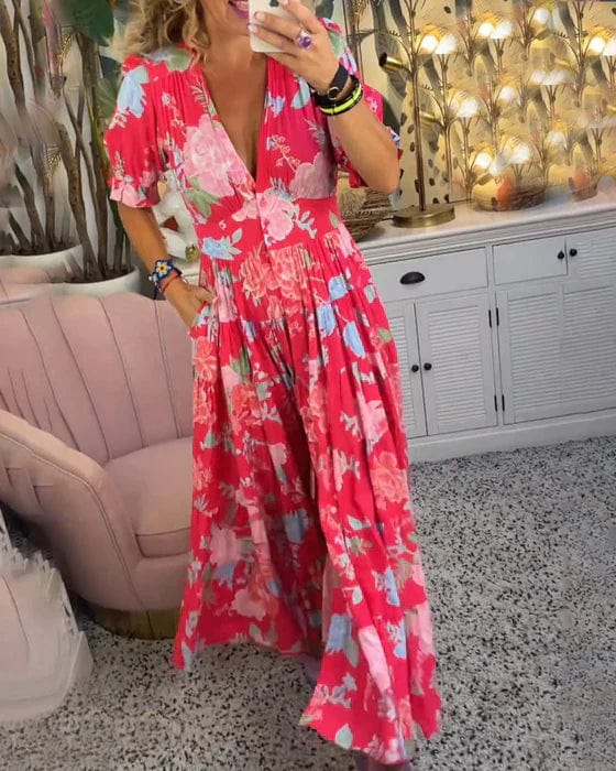 CM | Cómodo vestido largo con cuello en V y bolsillos