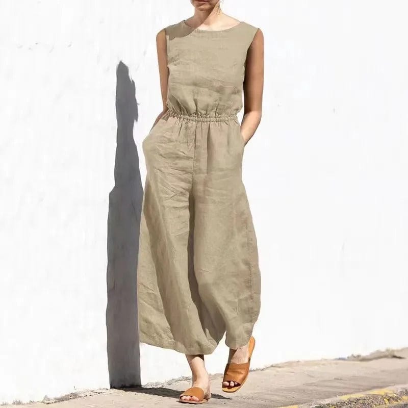 CM | Mono casual de algodón y lino con cuello redondo