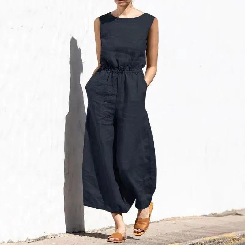 CM | Mono casual de algodón y lino con cuello redondo
